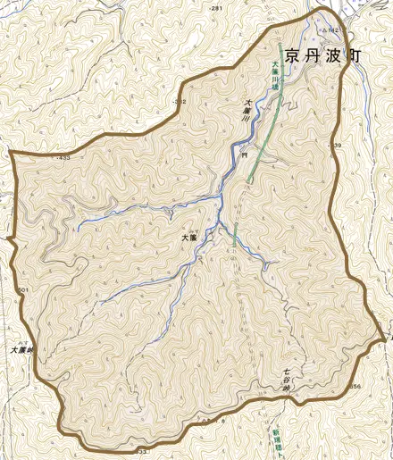 大簾とその周辺の地図。町の範囲を重ねている