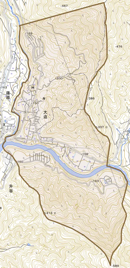 大迫とその周辺の地図。町の範囲を重ねている
