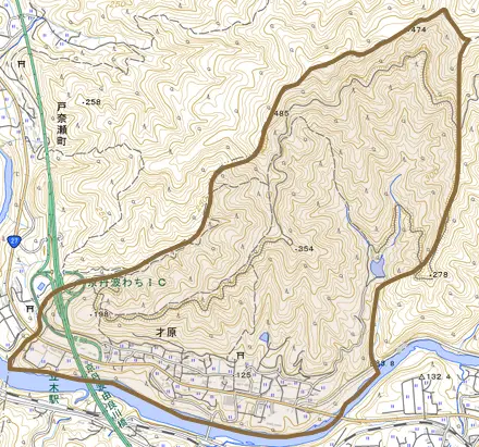 才原とその周辺の地図。町の範囲を重ねている