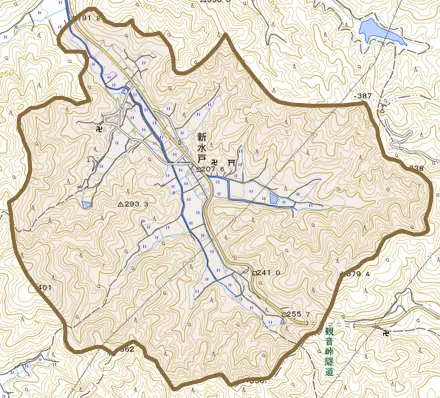 新水戸とその周辺の地図。町の範囲を重ねている
