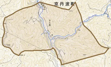 下乙見とその周辺の地図。町の範囲を重ねている