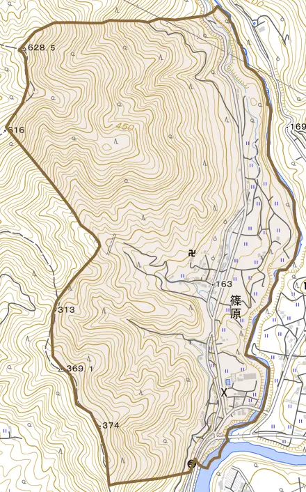 篠原とその周辺の地図。町の範囲を重ねている