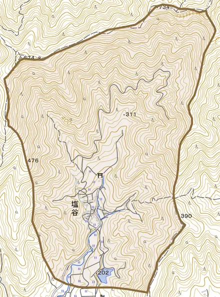 塩谷とその周辺の地図。町の範囲を重ねている