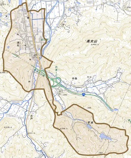 須知とその周辺の地図。町の範囲を重ねている