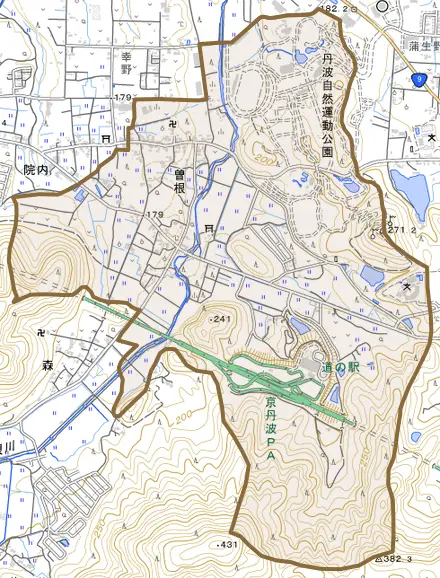 曽根とその周辺の地図。町の範囲を重ねている