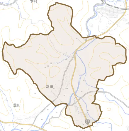 富田とその周辺の地図。町の範囲を重ねている