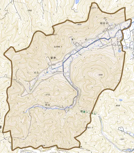 安井とその周辺の地図。町の範囲を重ねている