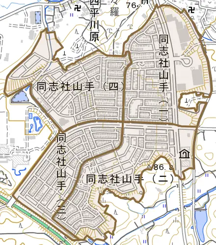 同志社山手とその周辺の地図。町の範囲を重ねている