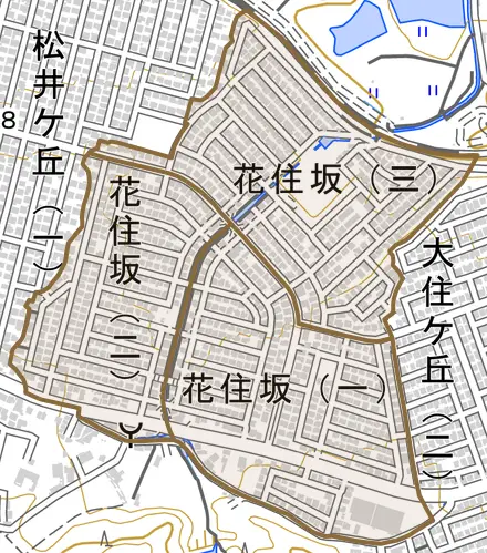 花住坂とその周辺の地図。町の範囲を重ねている