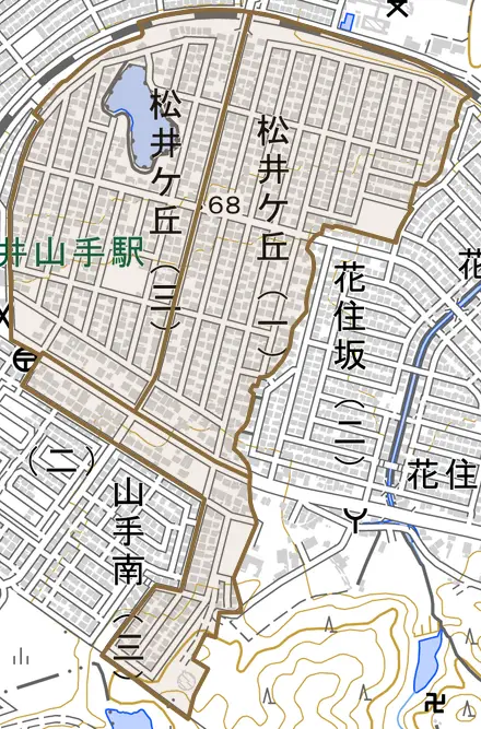 松井ケ丘とその周辺の地図。町の範囲を重ねている