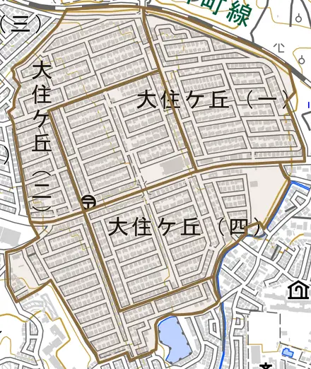 大住ケ丘とその周辺の地図。町の範囲を重ねている