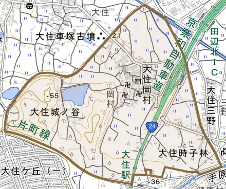 大住岡村とその周辺の地図。町の範囲を重ねている
