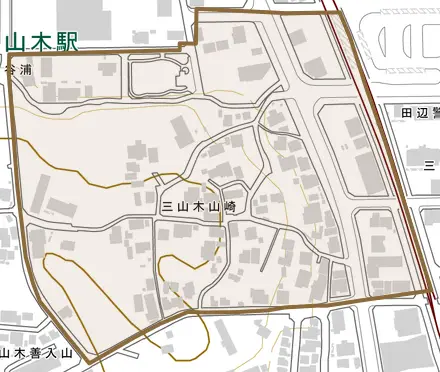 三山木山崎とその周辺の地図。町の範囲を重ねている
