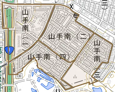 山手南とその周辺の地図。町の範囲を重ねている