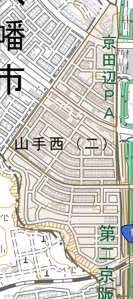 山手西とその周辺の地図。町の範囲を重ねている