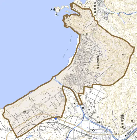 網野町浜詰とその周辺の地図。町の範囲を重ねている