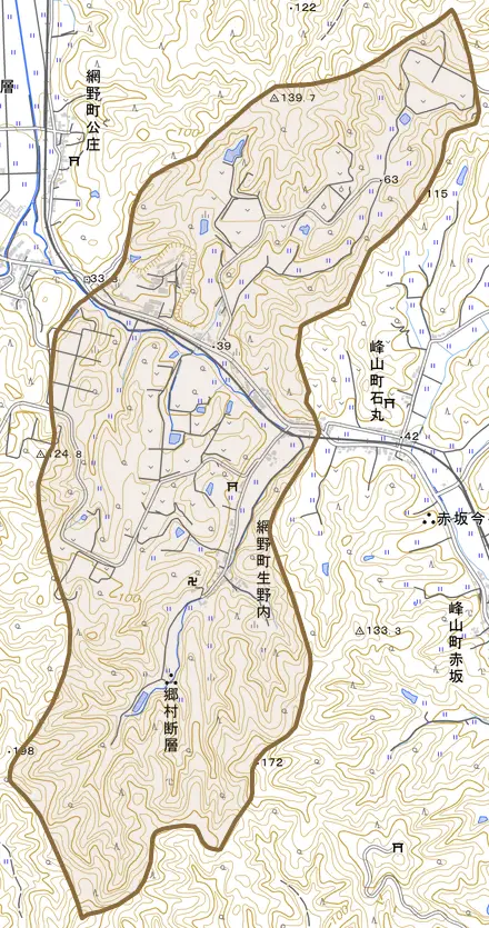 網野町生野内とその周辺の地図。町の範囲を重ねている
