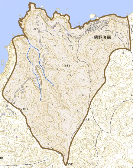 網野町磯とその周辺の地図。町の範囲を重ねている