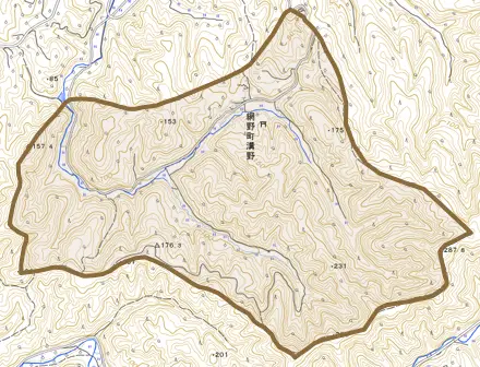 網野町溝野とその周辺の地図。町の範囲を重ねている