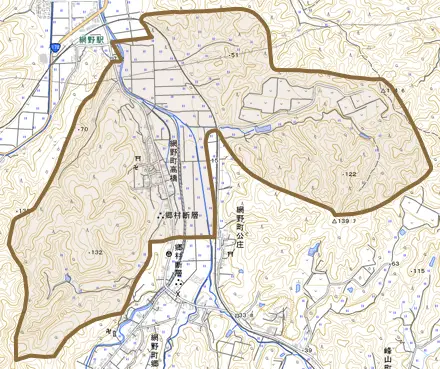 網野町高橋とその周辺の地図。町の範囲を重ねている