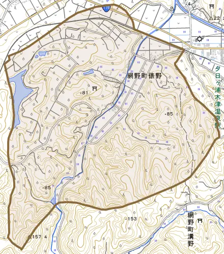 網野町俵野とその周辺の地図。町の範囲を重ねている