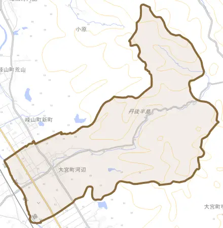大宮町河辺とその周辺の地図。町の範囲を重ねている