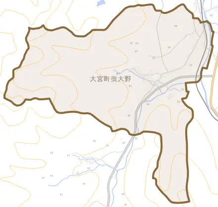 大宮町奥大野とその周辺の地図。町の範囲を重ねている