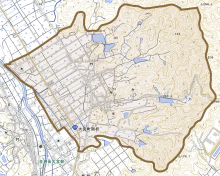 大宮町周枳とその周辺の地図。町の範囲を重ねている