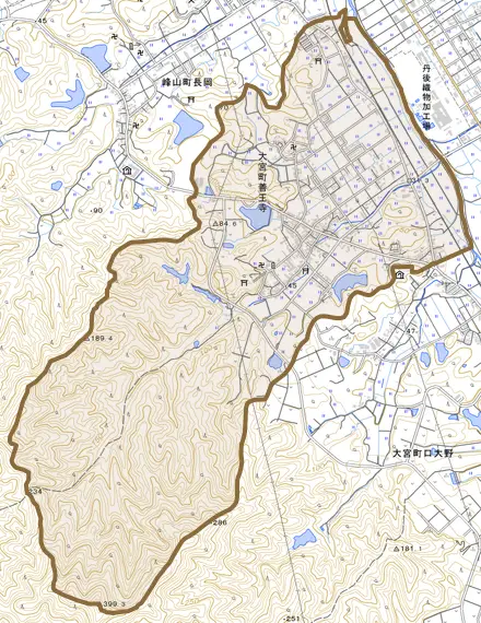 大宮町善王寺とその周辺の地図。町の範囲を重ねている