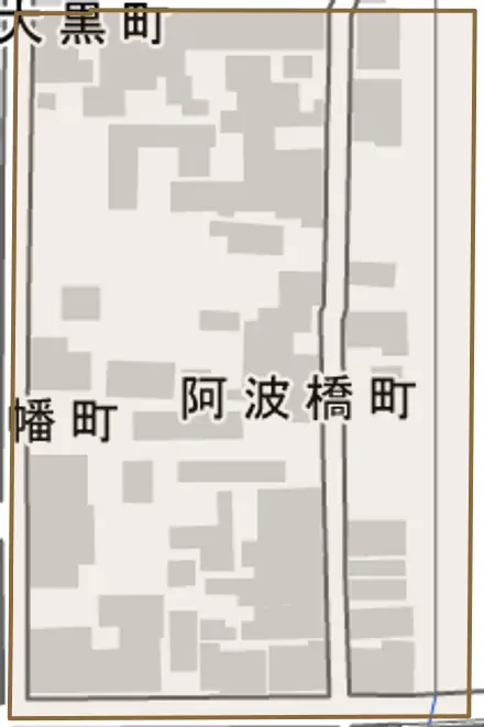 阿波橋町とその周辺の地図。町の範囲を重ねている