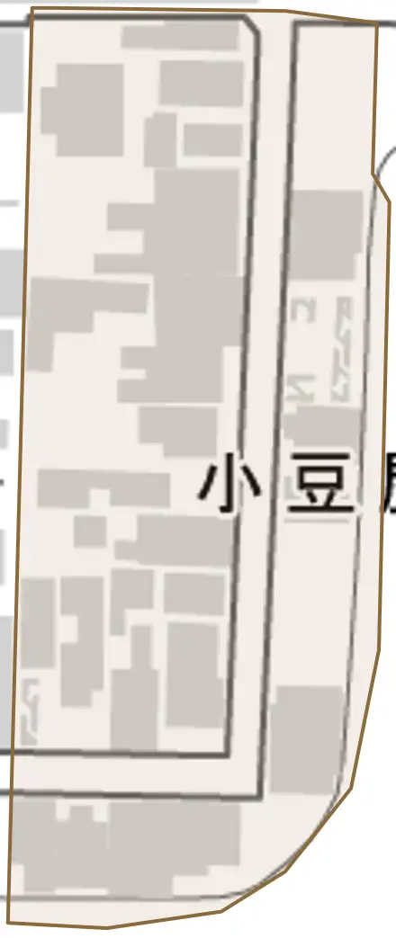 小豆屋町とその周辺の地図。町の範囲を重ねている