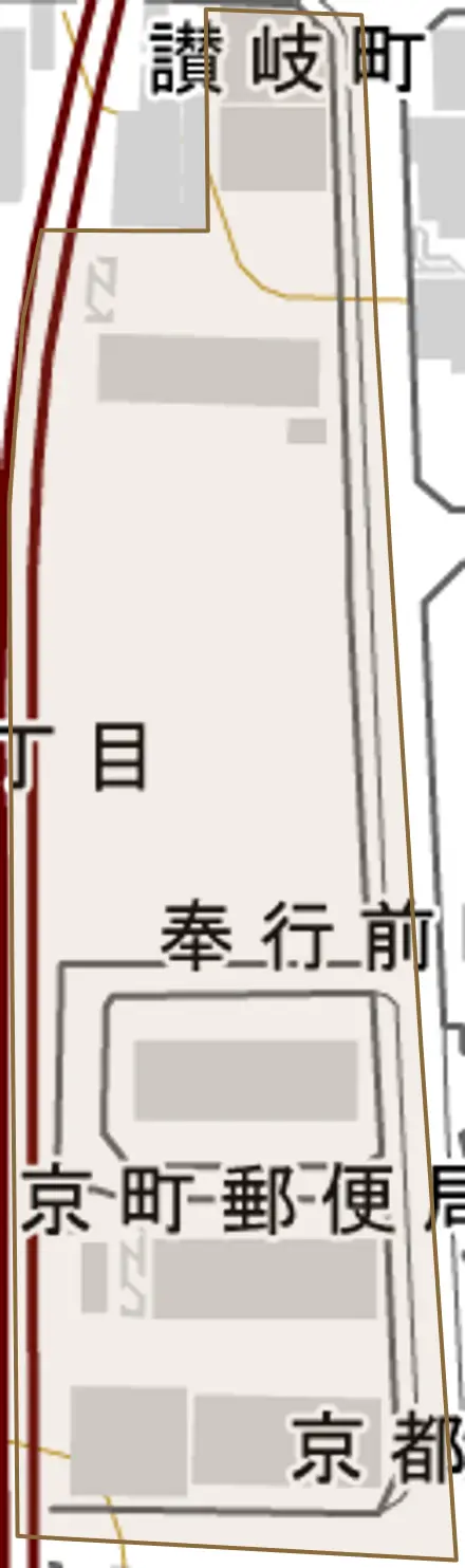奉行前町とその周辺の地図。町の範囲を重ねている
