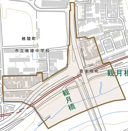 豊後橋町とその周辺の地図。町の範囲を重ねている