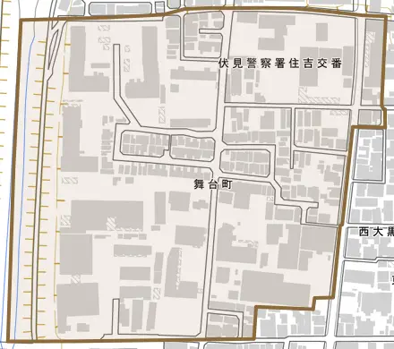 舞台町とその周辺の地図。町の範囲を重ねている