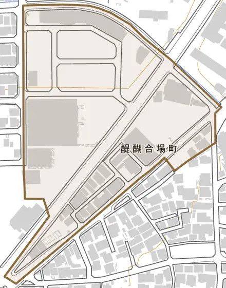 醍醐合場町とその周辺の地図。町の範囲を重ねている