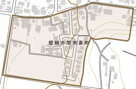 醍醐赤間南裏町とその周辺の地図。町の範囲を重ねている