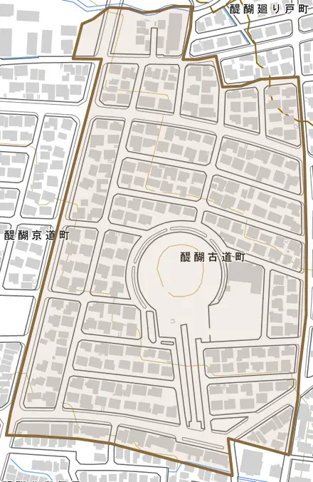 醍醐古道町とその周辺の地図。町の範囲を重ねている