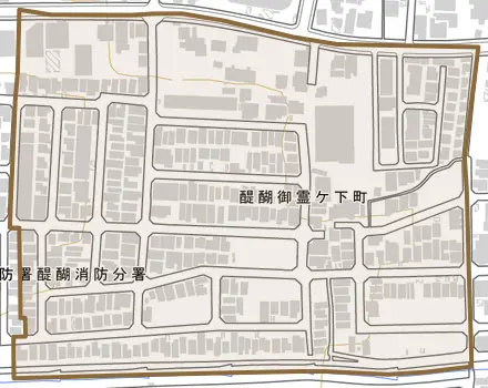 醍醐御霊ケ下町とその周辺の地図。町の範囲を重ねている