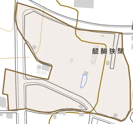 醍醐狭間とその周辺の地図。町の範囲を重ねている