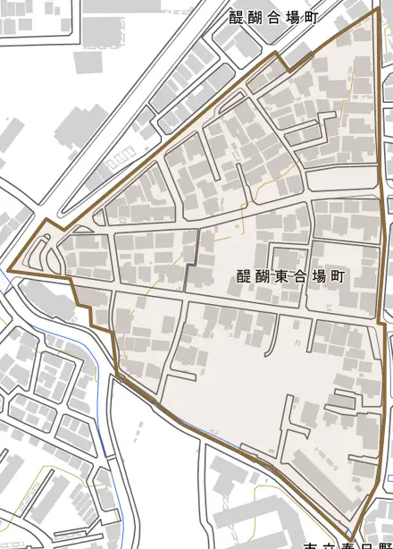 醍醐東合場町とその周辺の地図。町の範囲を重ねている