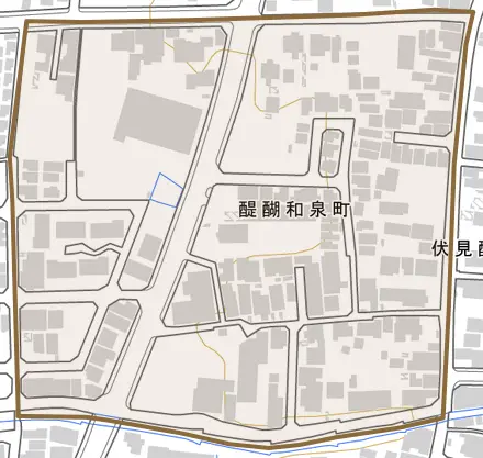 醍醐和泉町とその周辺の地図。町の範囲を重ねている