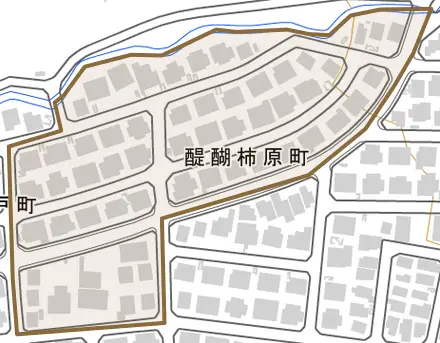 醍醐柿原町とその周辺の地図。町の範囲を重ねている