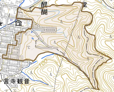 醍醐上端山町とその周辺の地図。町の範囲を重ねている