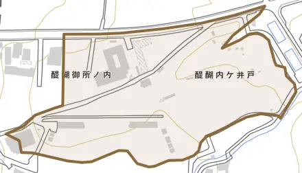 醍醐上山田とその周辺の地図。町の範囲を重ねている