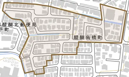 醍醐烏橋町とその周辺の地図。町の範囲を重ねている