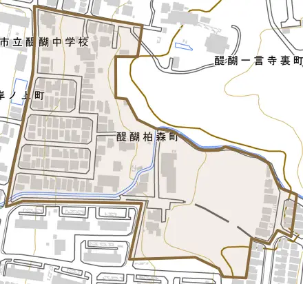 醍醐柏森町とその周辺の地図。町の範囲を重ねている
