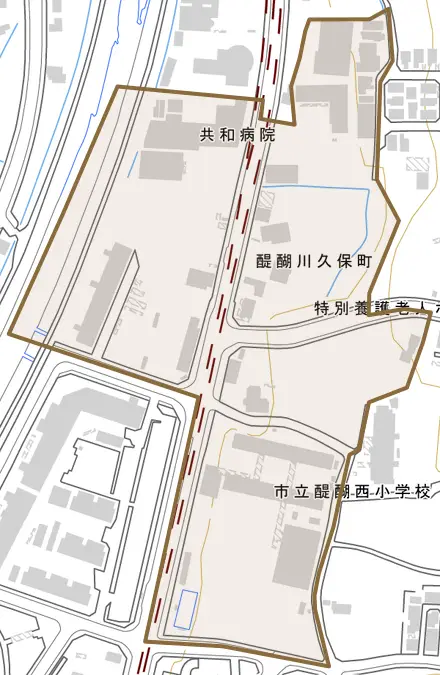 醍醐川久保町とその周辺の地図。町の範囲を重ねている