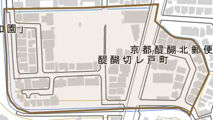 醍醐切レ戸町とその周辺の地図。町の範囲を重ねている