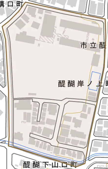 醍醐岸ノ上町とその周辺の地図。町の範囲を重ねている