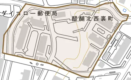 醍醐北西裏町とその周辺の地図。町の範囲を重ねている